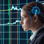 **Prompt:** Actuary facing a complex data stream represented by glowing lines and charts, with a subtle AI brain symbol in the background. The actuary looks thoughtful but confident. Modern office setting.