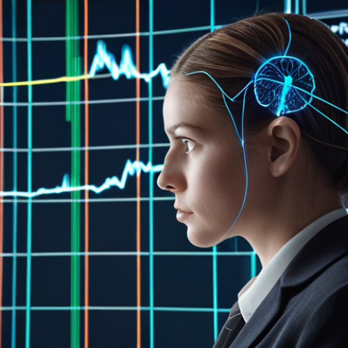 **Prompt:** Actuary facing a complex data stream represented by glowing lines and charts, with a subtle AI brain symbol in the background. The actuary looks thoughtful but confident. Modern office setting.