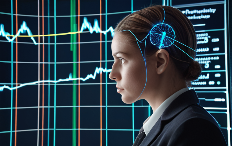 **Prompt:** Actuary facing a complex data stream represented by glowing lines and charts, with a subtle AI brain symbol in the background. The actuary looks thoughtful but confident. Modern office setting.